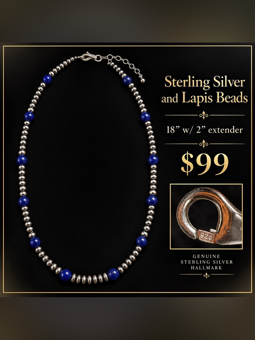 New Sterling Silver 925 & Lapis Bead Necklace 18” + 2” Extender